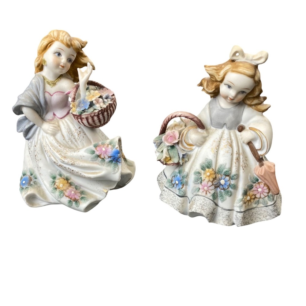 Vintage 1950s Lefton China KW125A KW125B Flower Girl Figurines Japan Pair